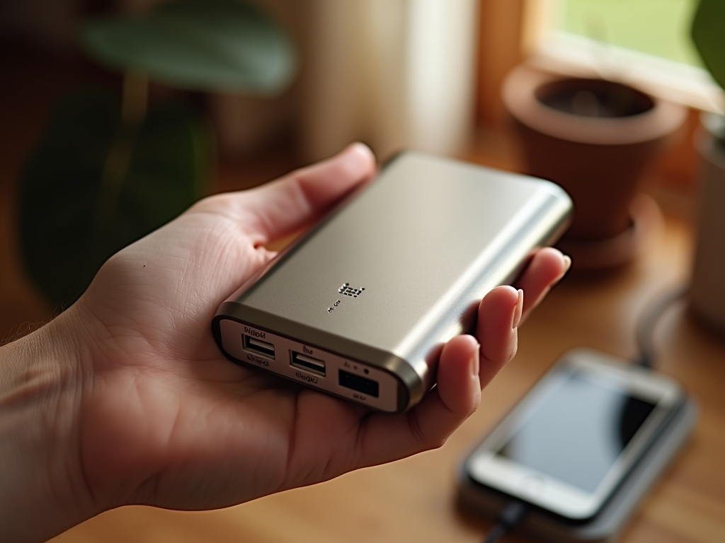 Person holding a portable battery charger near a smartphone on a wooden table.