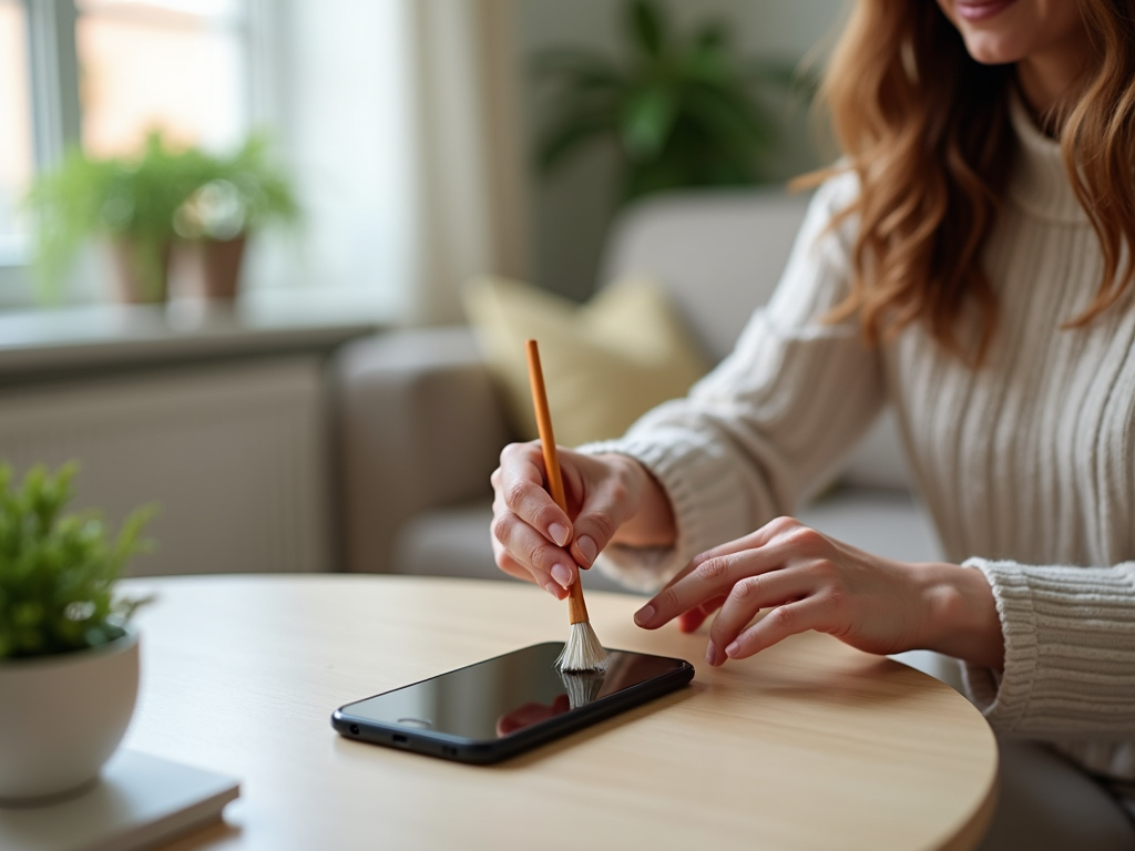 Woman cleaning smartphone screen with a brush at a home setting.