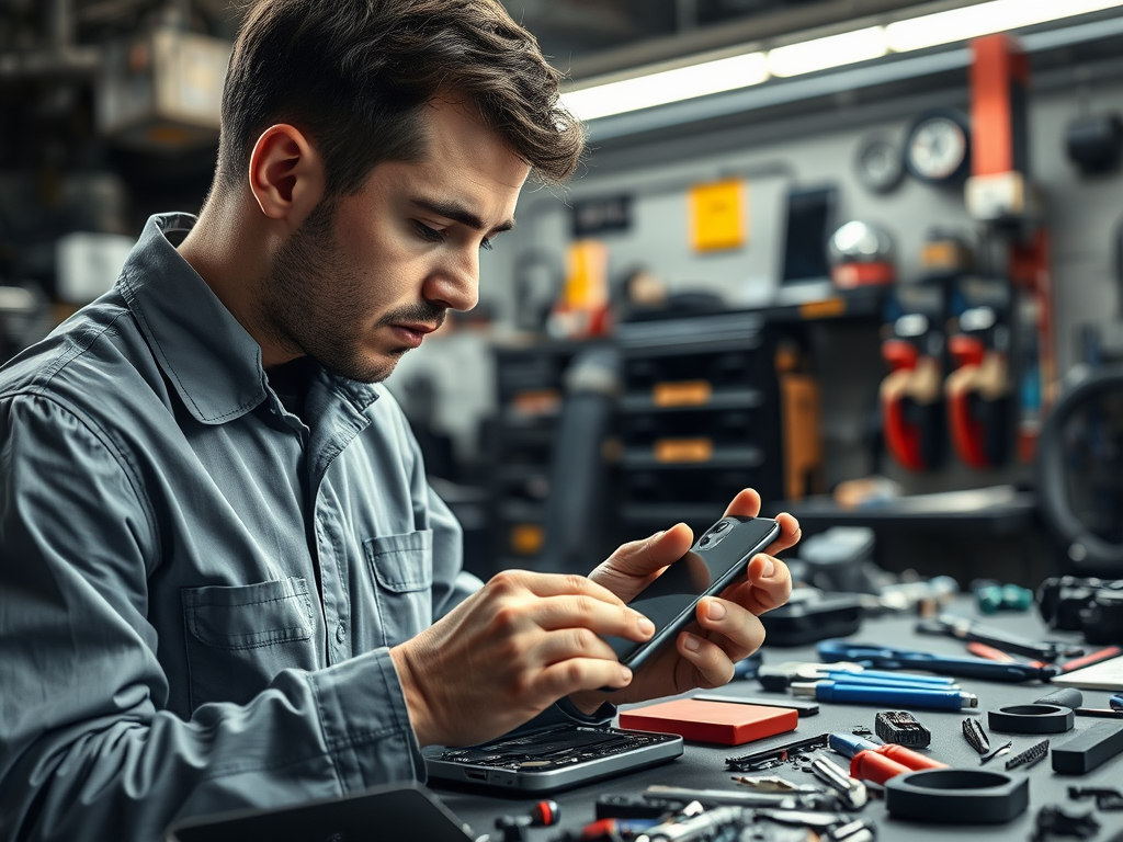 A man repairs a smartphone at a workbench cluttered with tools and electronic components, focused on his task.
