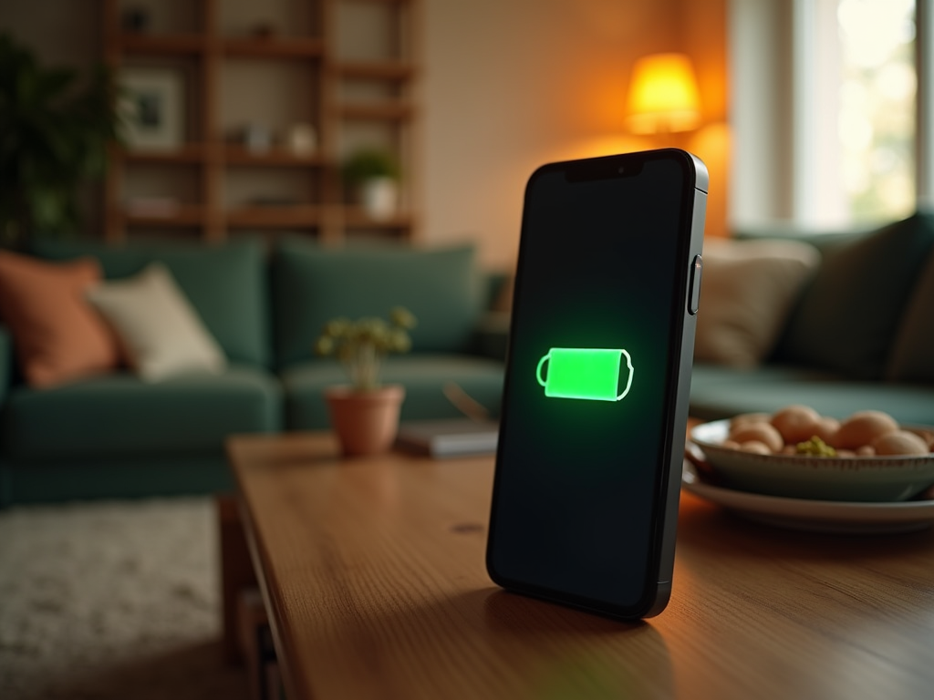 Smartphone with glowing battery icon on screen, standing on table in cozy living room.