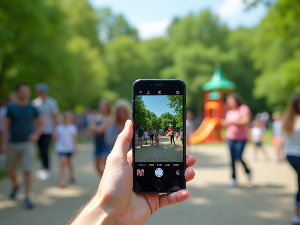 Hand holding smartphone taking photo of crowded park with children playing.