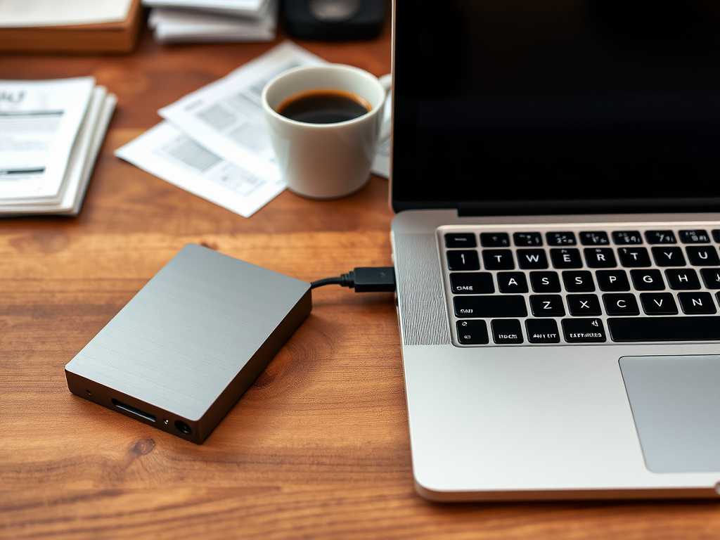 A silver external hard drive connected to a laptop on a wooden desk with papers and a coffee cup in the background.