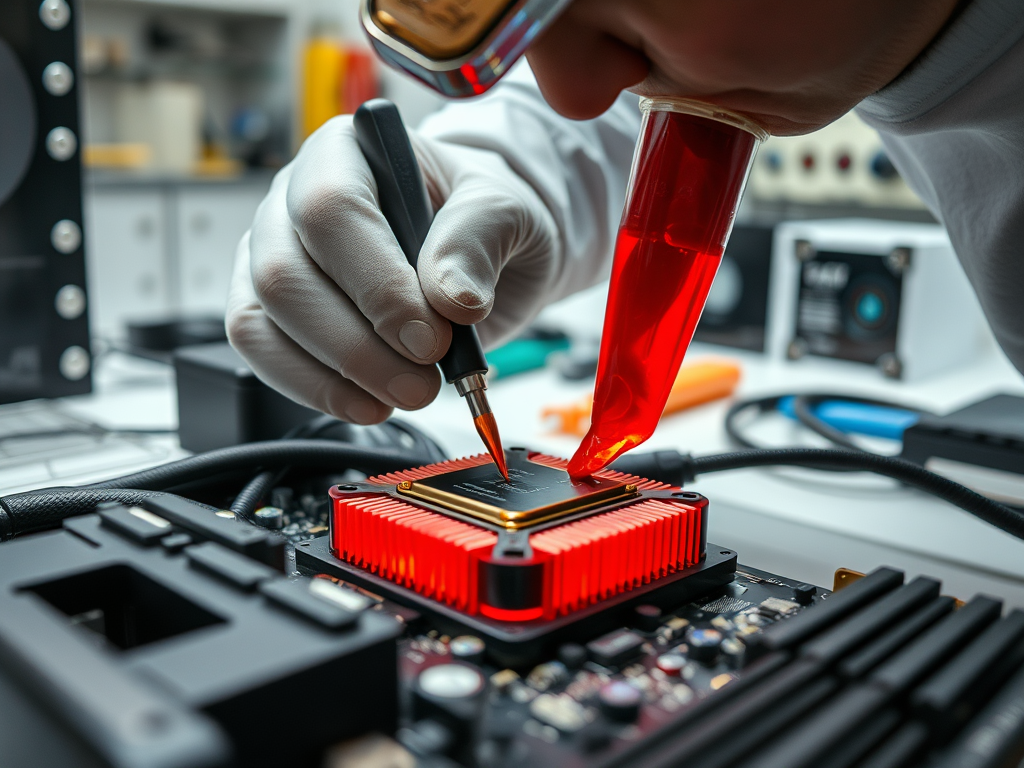 A technician in a lab applies red liquid onto a computer chip while using a pen-like tool for precision.
