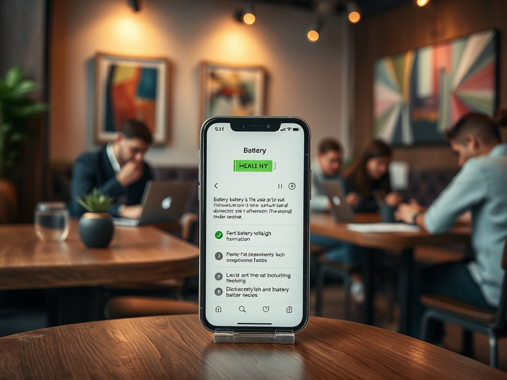 A smartphone on a wooden table displays battery information, with people working in the background of a café setting.