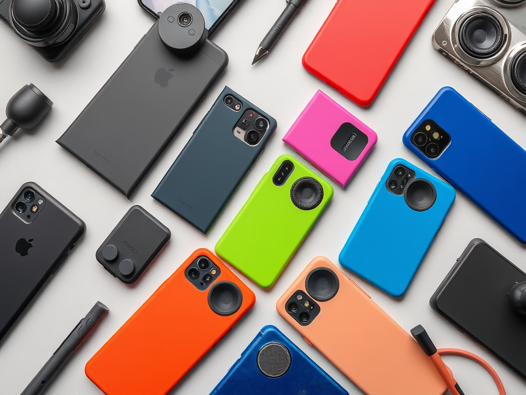 AFlat lay of various smartphone cases and accessories in vibrant colors on a light background.