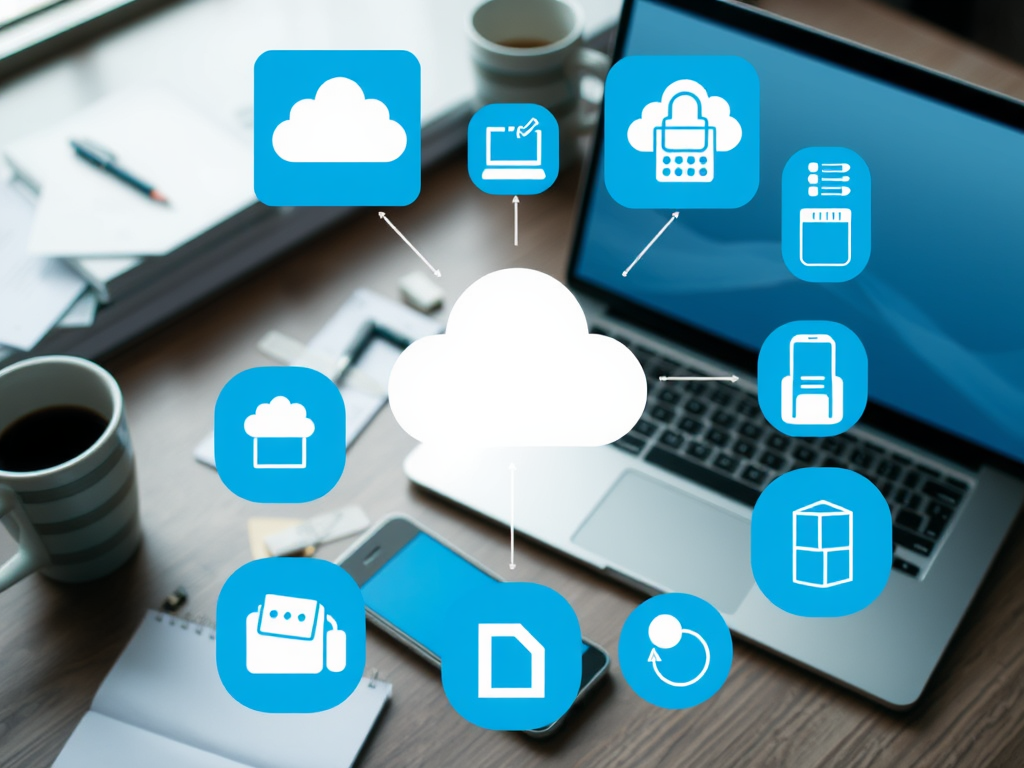 An overhead view of a workspace with a laptop, phone, coffee, and cloud service icons surrounding a cloud symbol.