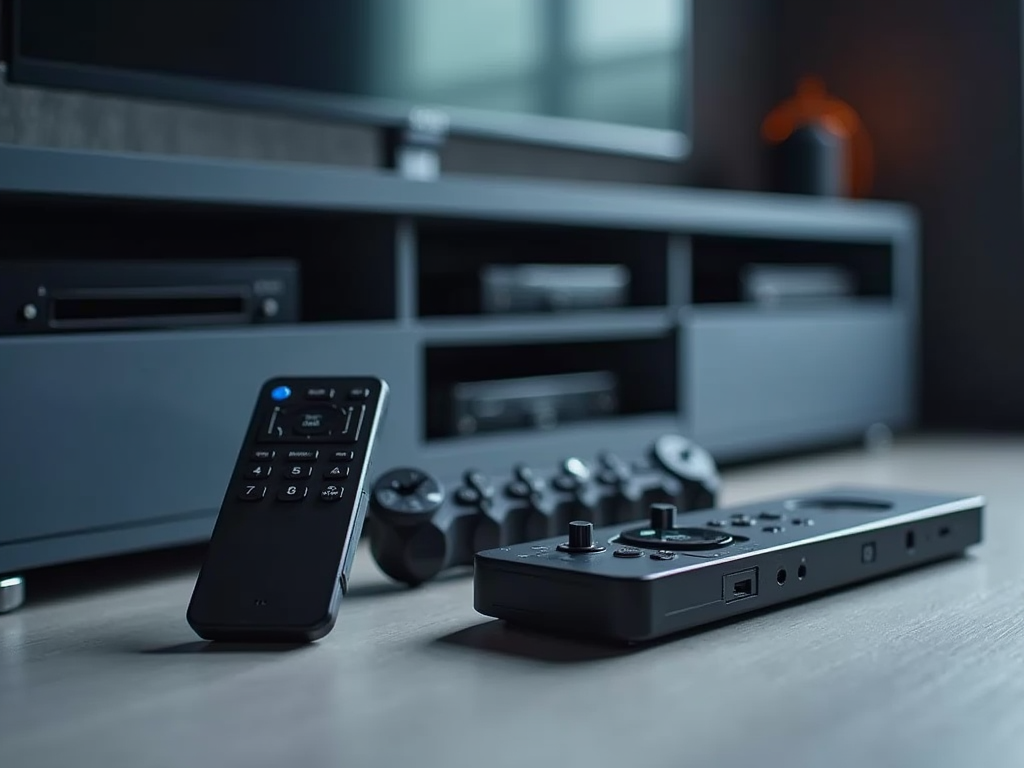 A modern living room setup featuring a remote control and a gaming console on a wooden table.