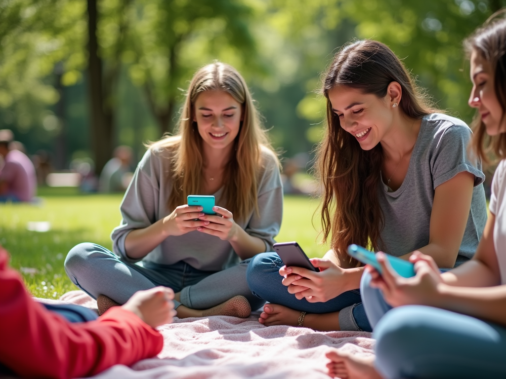 Group of friends using smartphones and laughing together in a sunny park.