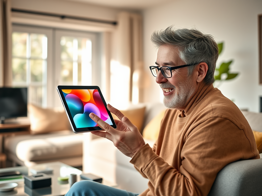 A smiling older man in a cozy living room holds a tablet displaying colorful graphics, engaged in conversation.
