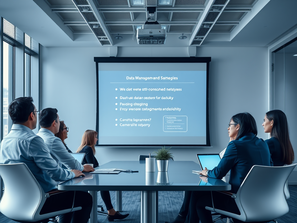 A team discusses data management strategies in a modern conference room, with a presentation visible on the screen.