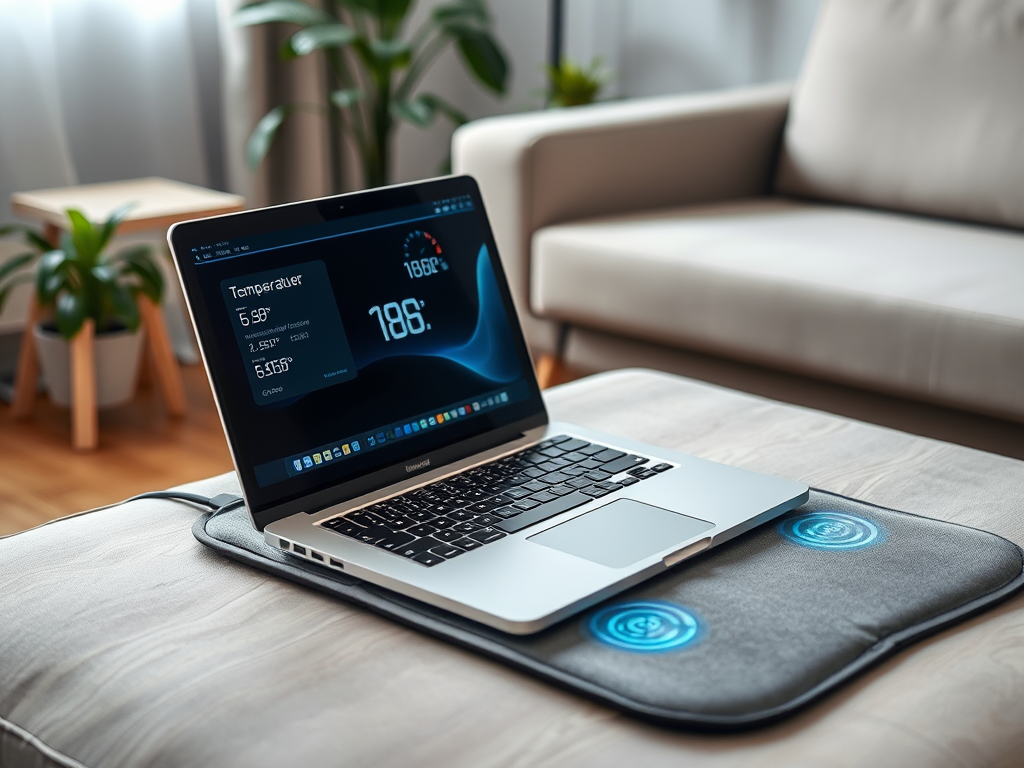 A laptop on a soft surface displays a temperature interface, surrounded by indoor plants and furniture.