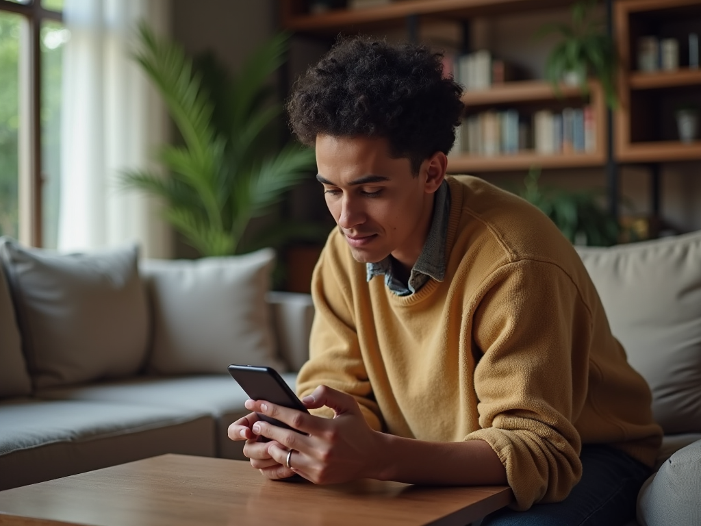 Young man in a yellow sweater using a smartphone in a cozy living room.