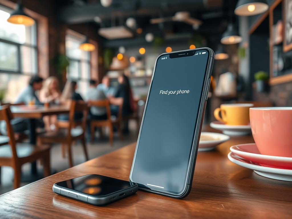 A smartphone displaying "Find your phone" on its screen, placed next to a smaller phone on a wooden table in a café.