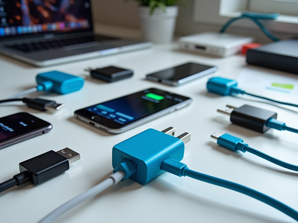 Desk with multiple mobile devices, chargers, and cables; focus on blue USB charger.