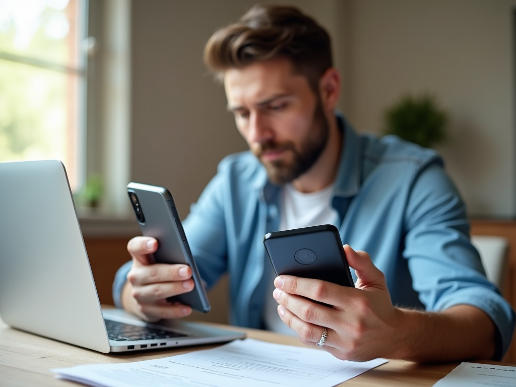 Man multitasking with two smartphones and laptop at a desk.