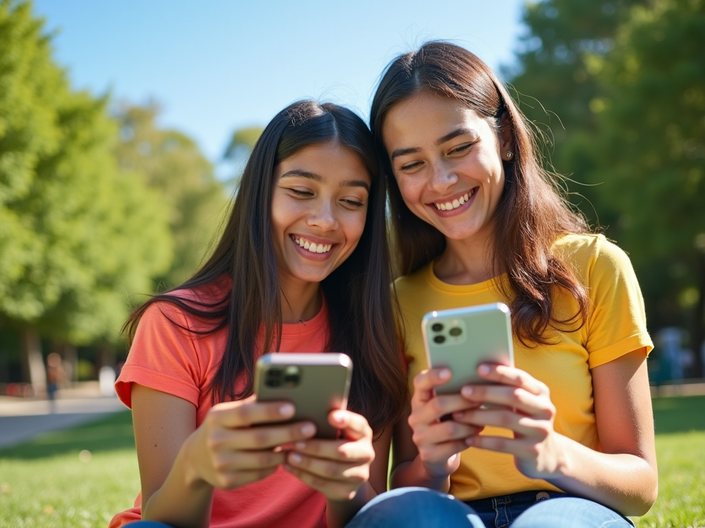 Two young women smiling and looking at smartphones in a sunny park.