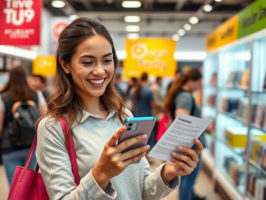A smiling woman in a bookstore checks her phone while holding a paper, with people browsing books in the background.