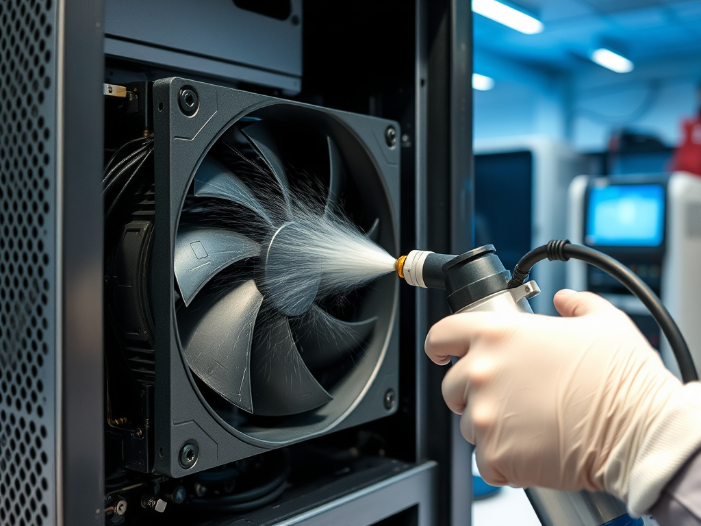 A person in a glove sprays mist on a large computer fan for cleaning in a tech environment.