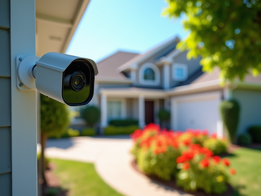 Security camera mounted on a house with a view of a colorful front yard and suburban home.