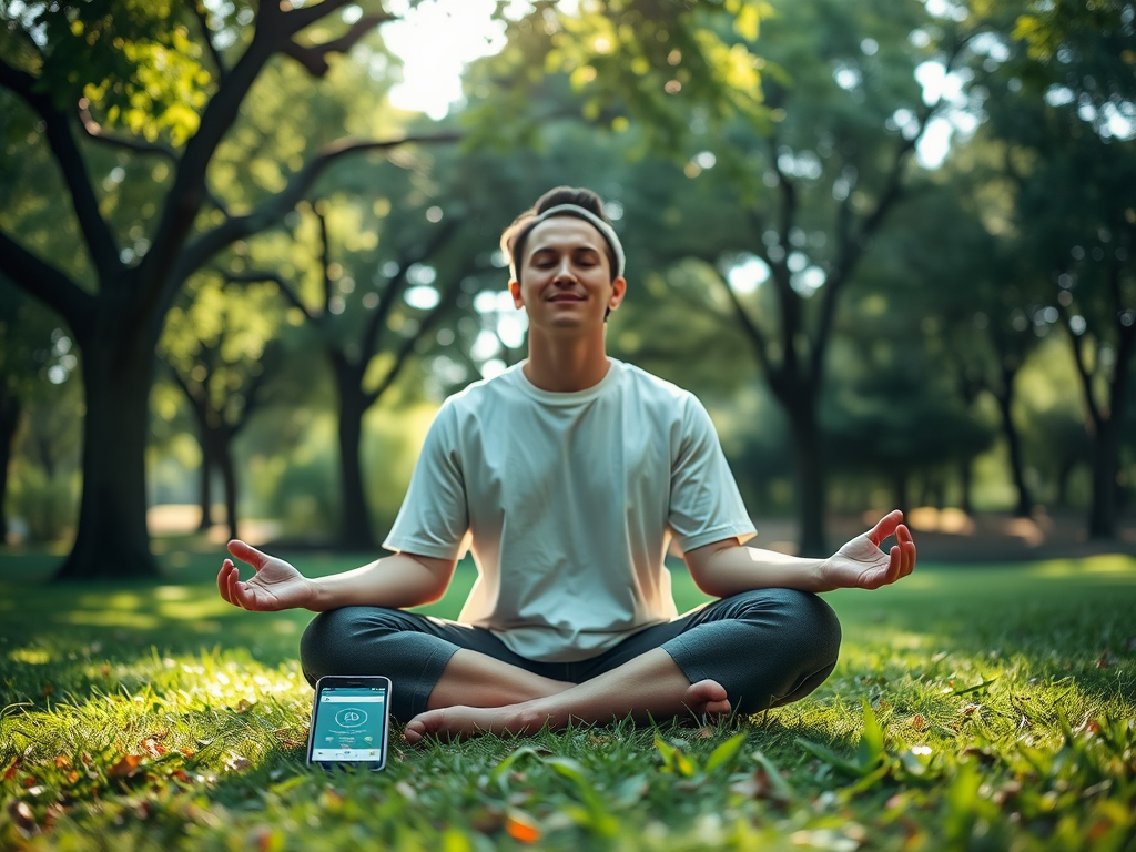 A person meditating on grass in a park, with a mobile device on the ground nearby, surrounded by trees.
