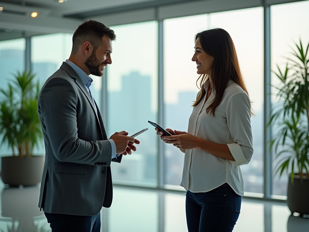 Two professionals using smartphones and conversing in a bright office with large windows.