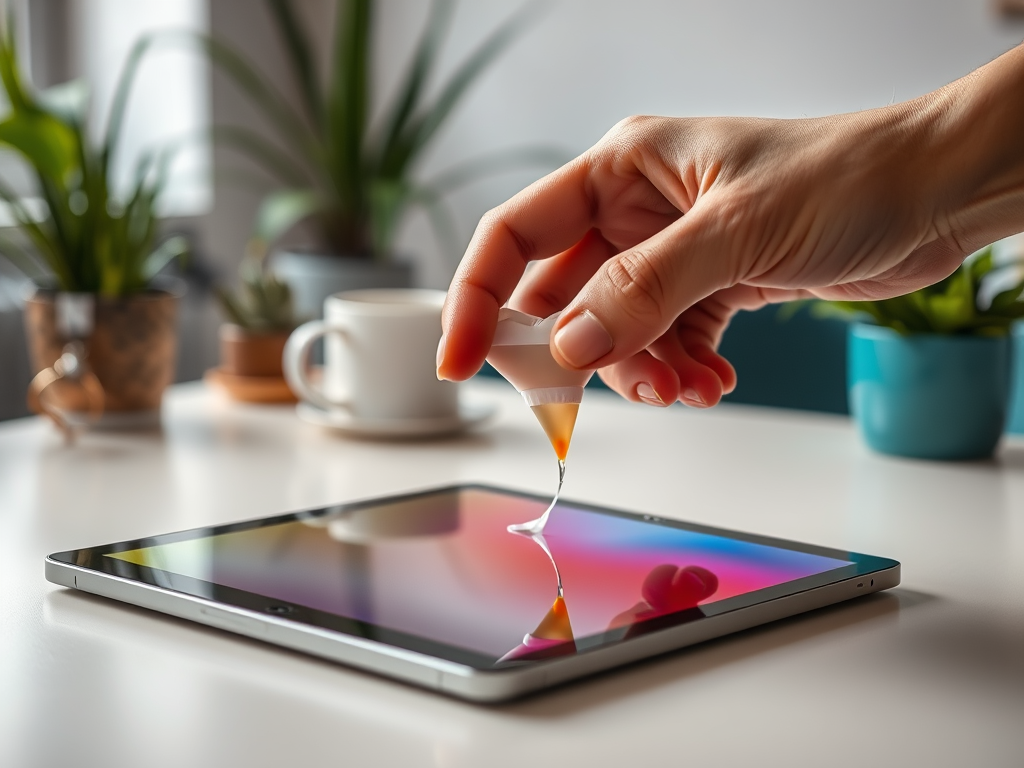 A hand drips a clear liquid onto a tablet screen with colorful reflections, surrounded by potted plants.