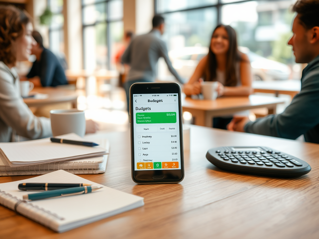A phone displays a budgeting app, with notebook and pens nearby, in a busy café setting.