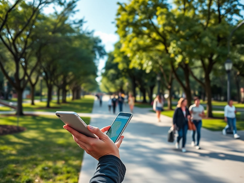 A person is holding a smartphone while walking on a tree-lined path with others in the background.