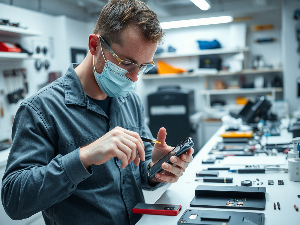 A technician repairs a smartphone using tools while wearing a face mask in a well-organized workshop.