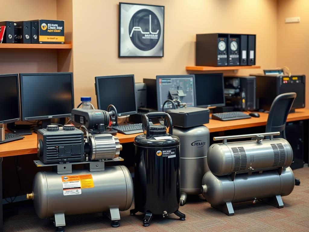 A workspace featuring multiple computers and various air compressors on display.