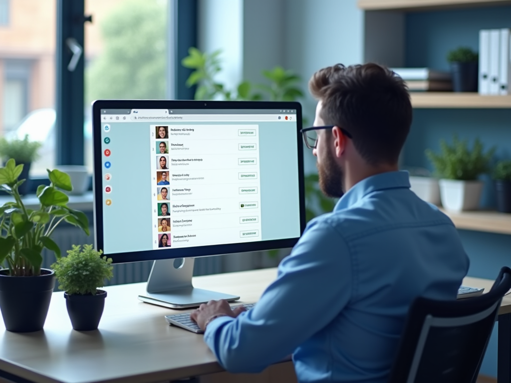 Man in blue shirt using computer with social media profiles on screen.