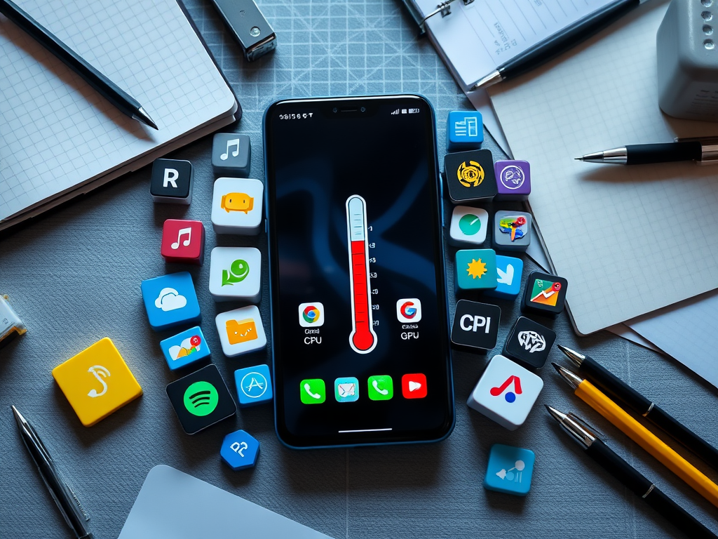 A smartphone displays CPU and GPU temperature gauges surrounded by colorful app icons on a workspace desk.
