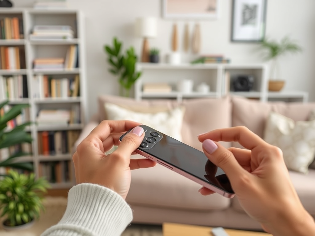 A person holds a smartphone in a cozy living room with bookshelves and a sofa in the background.