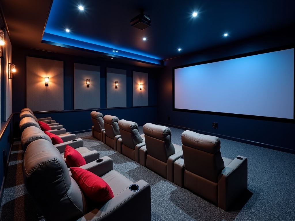 Luxurious private home theater with comfortable reclining seats under soft blue lighting.