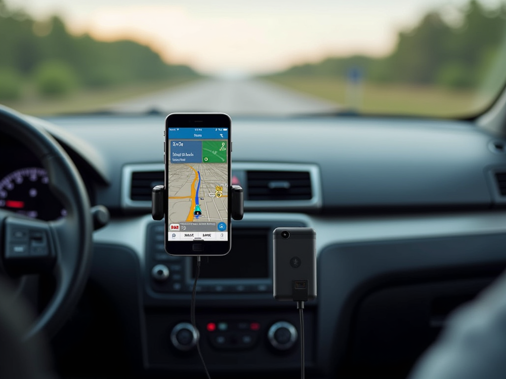 Smartphone with navigation app mounted on car dashboard, road visible through windshield.