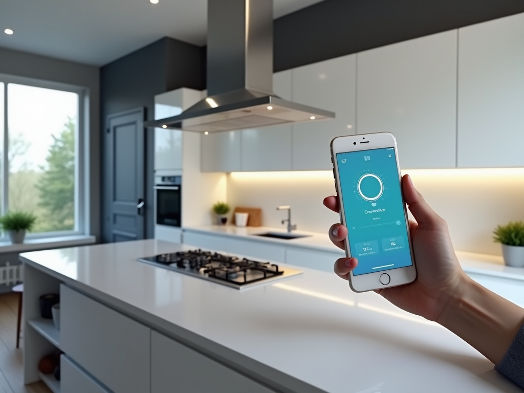 Hand holding a smartphone with a smart home app in a modern kitchen.