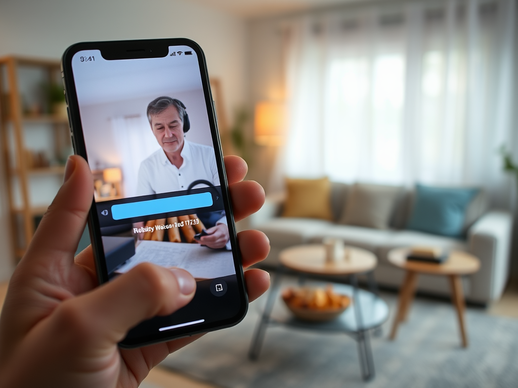 A person on a video call holds a phone in a cozy living room with soft lighting and a comfortable sofa.