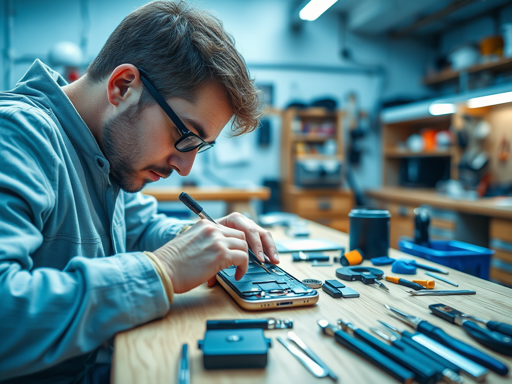 A man focuses on repairing a smartphone, surrounded by various tools on a wooden workbench.