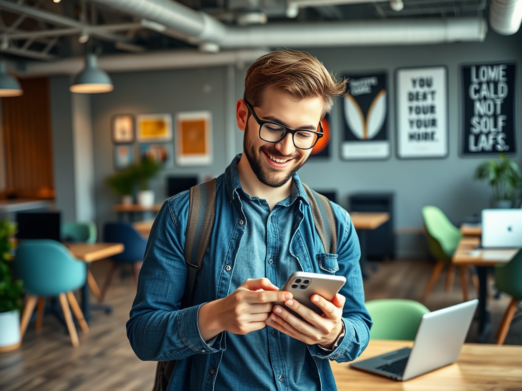 A smiling young man with glasses checks his phone in a modern workspace filled with green chairs and artwork.