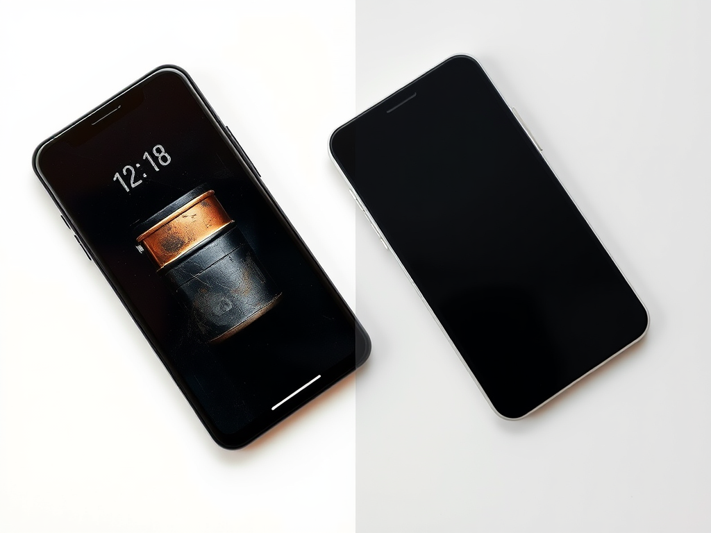 A smartphone displaying a clock at 12:18 and a canister image, next to a blank black screen smartphone.