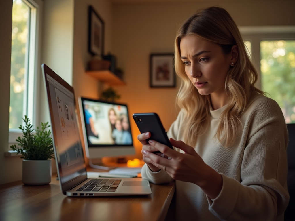 Woman looking concerned at her phone with a laptop and monitor in the background.