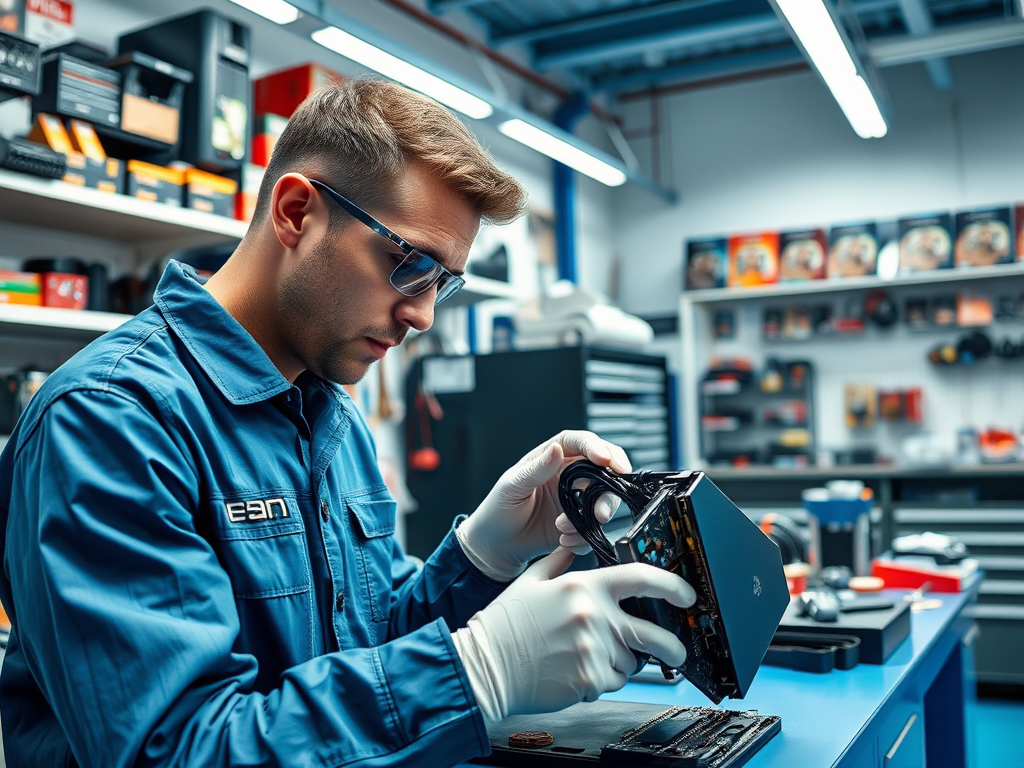 A technician in a blue uniform examines a device in a workshop, with tools and components in the background.