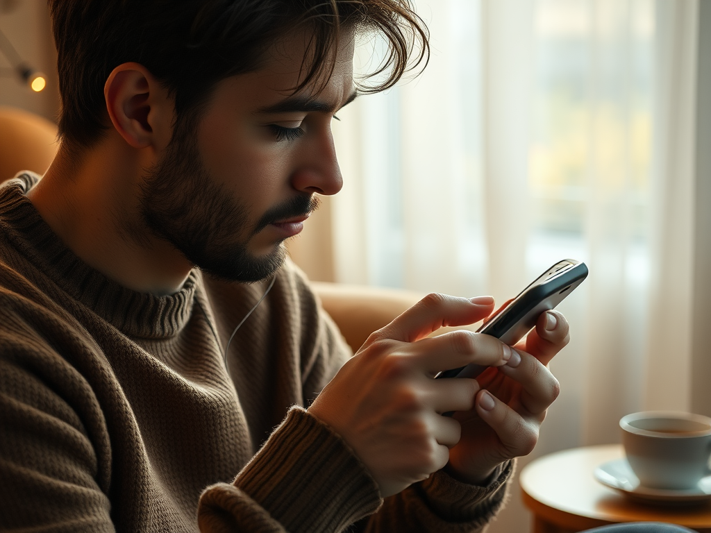 A young man in a cozy sweater gazes intently at his smartphone, earbuds in, with a cup of coffee nearby.