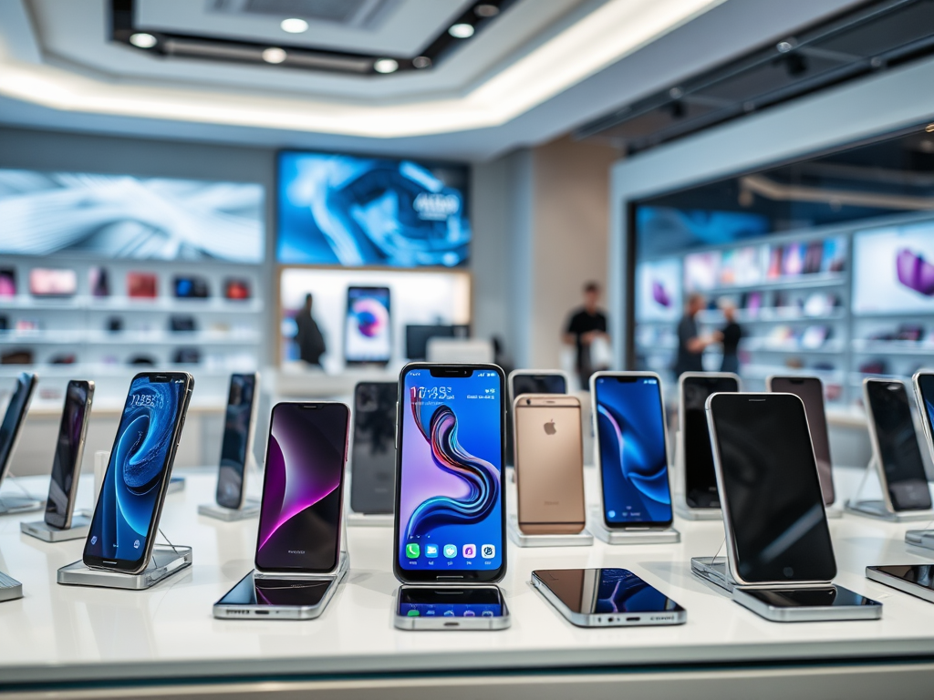 A display of various smartphones on stands inside a modern electronics store with customers in the background.