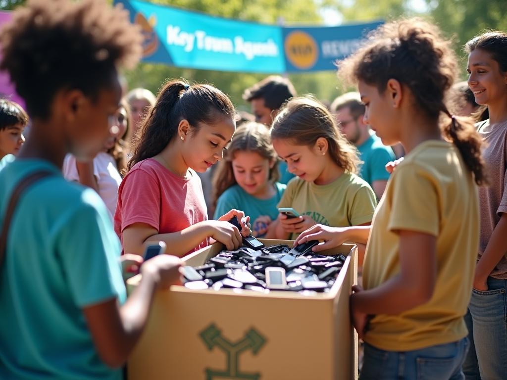 Children sorting through electronics in a recycling drive outdoors.