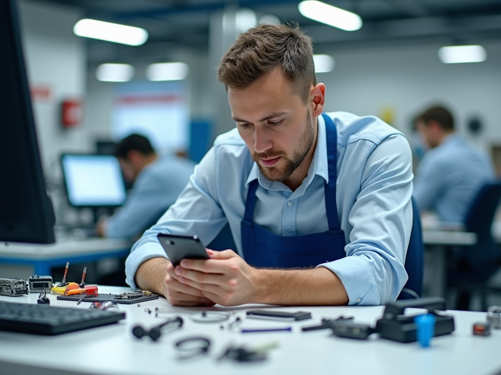 Man in work overalls intently using smartphone, surrounded by tech repair tools in a lab.