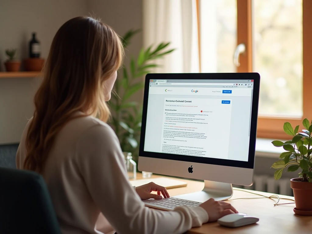 Woman working on an iMac in a well-lit room, viewing a website with text content.