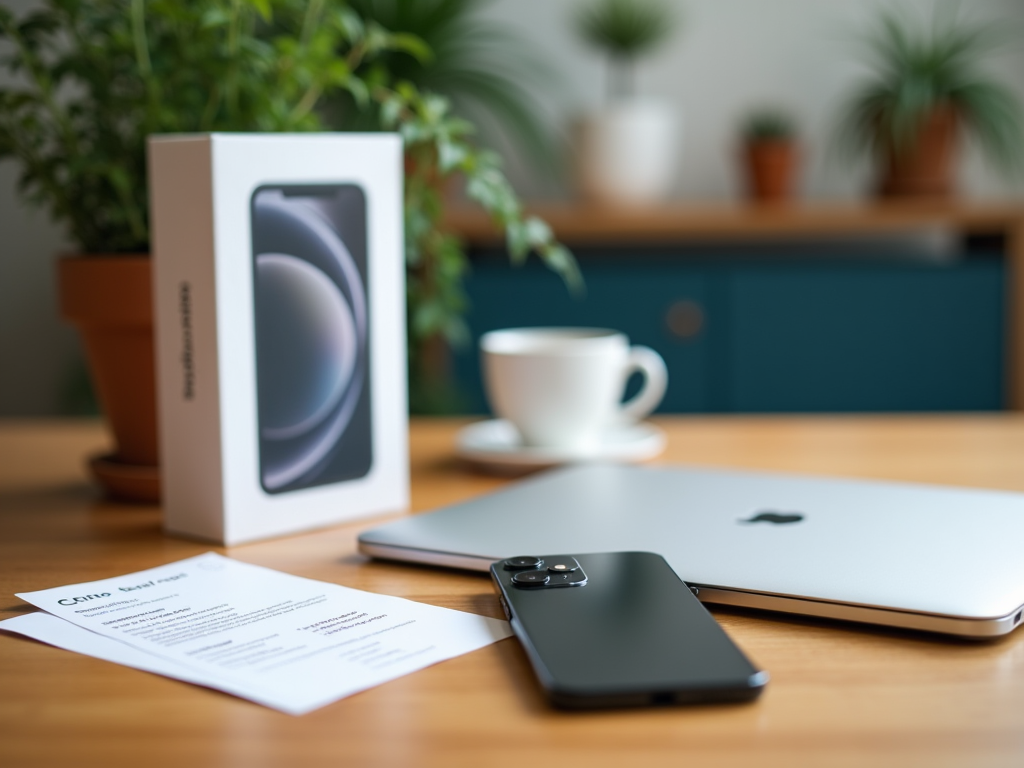 A new smartphone box on a desk with a laptop, phone, document, and a coffee cup, surrounded by houseplants.