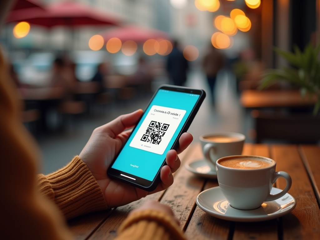 Person holding smartphone with QR code on screen at a café table with a coffee cup.