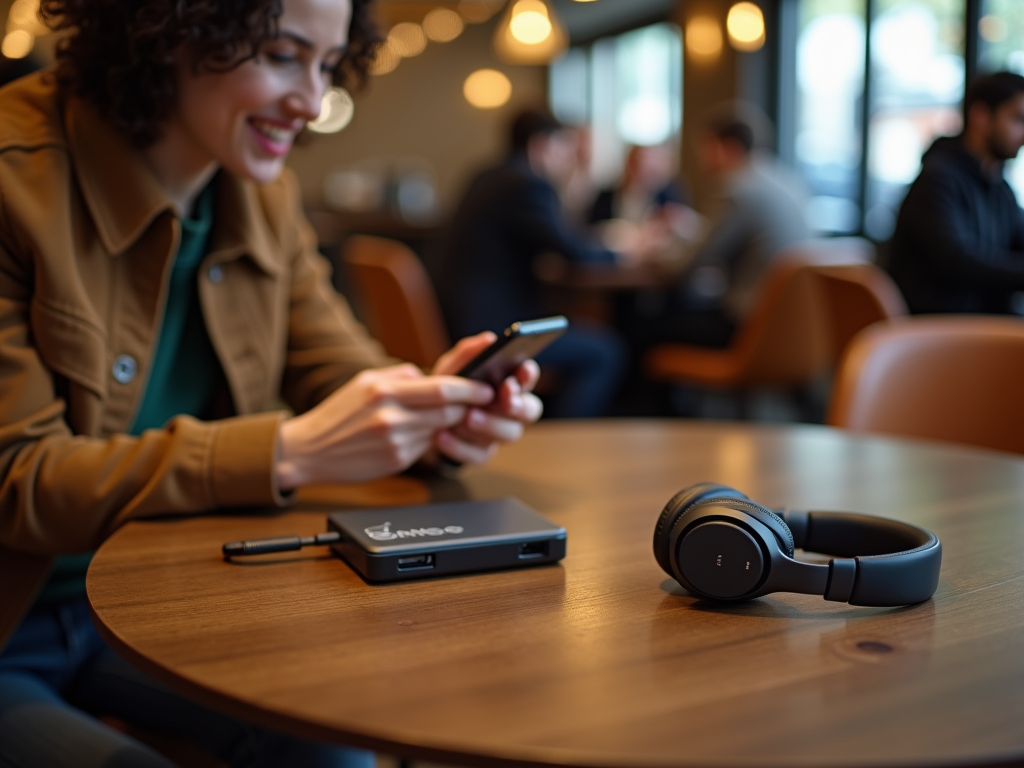 Smiling woman using smartphone in cafe, with headphones and device on table.